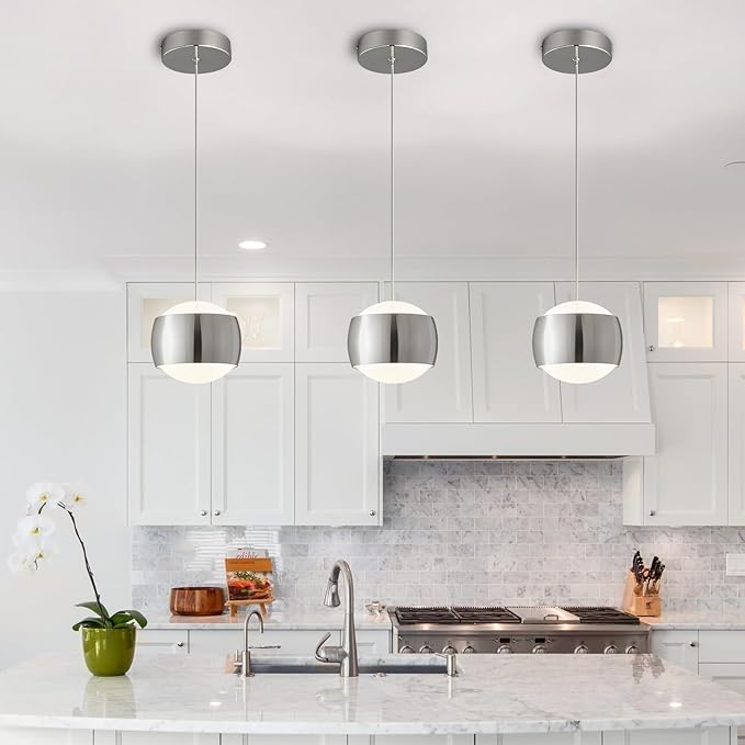 Modern Chrome LED Dimmable Pendant Light fixtures,6″ Island Pendant Lighting for Kitchen Island Dinning Room,Bedroom,Bar, Kitchen Island Ceiling Hanging Light Fixtures(Chrome-1-Pack)