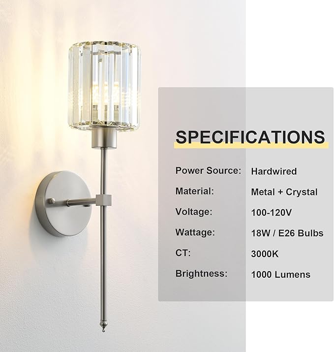 KARTOOSH Hardwired Crystal Wall Sconces Set of Two - Dimmable Wall Light Fixtures 3000K, Warm White, for Hallway, Bathroom, Living Room, Bedroom, Nickel, 20.1 Inch