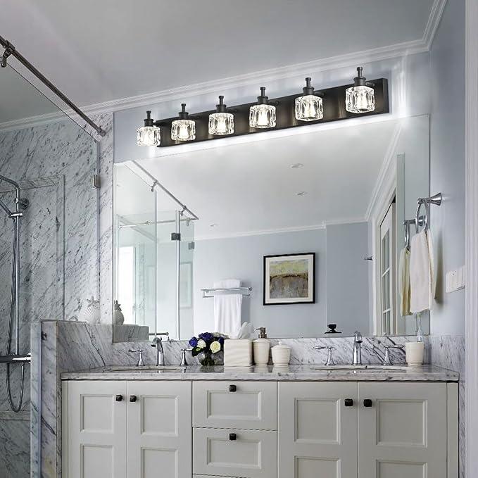 PRESDE Modern Crystal Black 6 Light Vanity Light Fixtures for Bathroom Over Mirror Bathroom Wall Light Fixtures