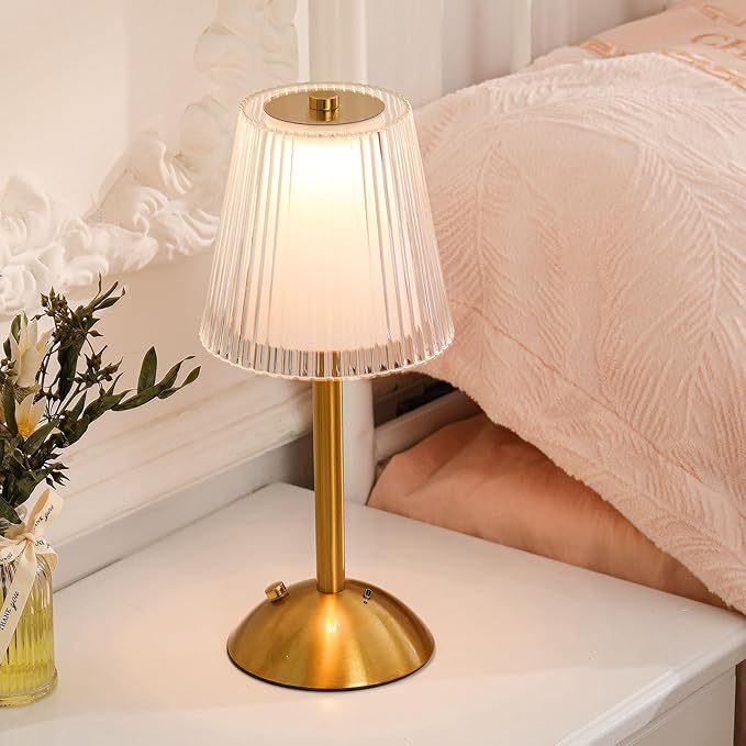 Liliful 1 Pcs Cordless Table Lamp Rechargeable Touch LED Small Gold Portable Battery Operated USB-c Desk Lamp 3 Color Dimmable for Bedroom Living Room Dining (Gold,Hollow Lined Style)