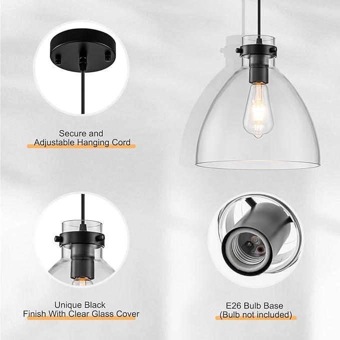 WILON Pendant Lights, Pendant Lights Kitchen Island, 1-Pack Black Farmhouse Pendant Light Fixtures with 9.8" Round Glass Shade for Dining Room Over Table Sink Bar Foyer