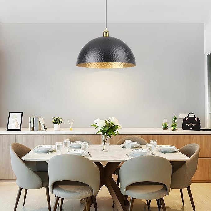 15.74" Black Farmhouse Pendant Light with Hammered Metal Shade Vintage Dome Pendant Light Adjustable Hanging Lighting fixtures for Kitchen Island Dining Room Hallway and Bar