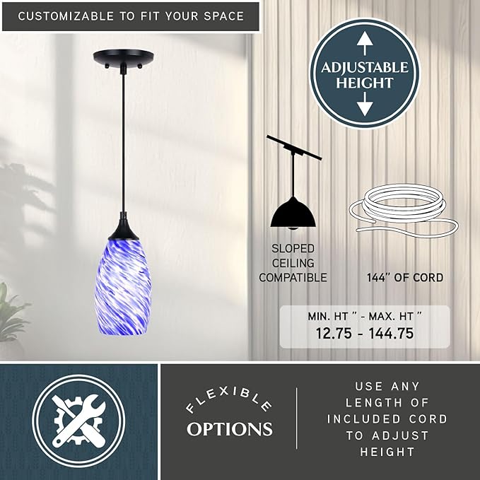 VAXCEL Milano Matte Black Mini Pendant Ceiling Light with Blue Swirl Art Glass