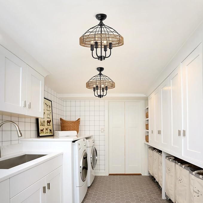 SEEBLEN Semi Flush Mount Ceiling Light,Rattan Ceiling Light Fixtures 4 Light Hand-Woven Boho Light Fixtures Ceiling Mount for Bedroom Hallway Kitchen Entry.