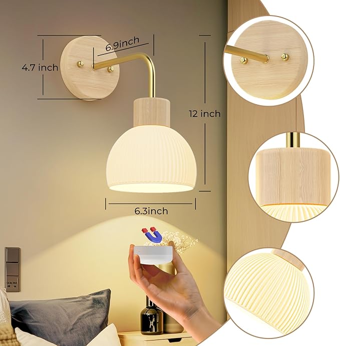 Glass Battery Operated Wall Sconces Set of 2, Rechargeable Wall Lamp with Remote, 12 Colors Dimmable Wireless Sconces Wall Decor Set of 2 with Timer for Bedroom Living Room (Beech, 2 Pack)
