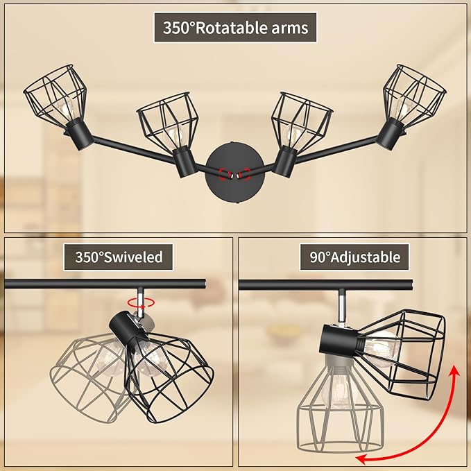 GORDNWE 4-Light Kitchen Track Lighting, Adjustable Metal Wire Cage Ceiling Light with E12 Base, Track Lighting Fixtures Black Farmhouse Ceiling Light Fixture Fits for Bedroom Living Room