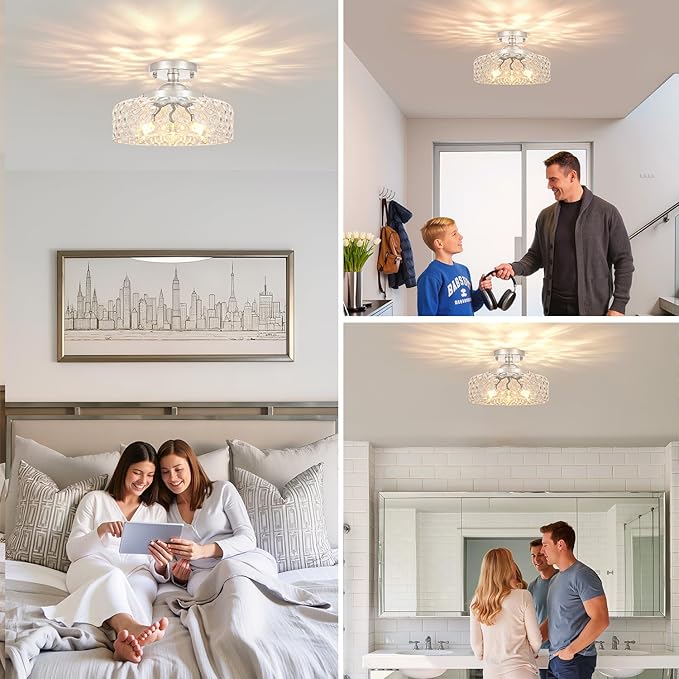 Brushed Nickel Semi Flush Mount Ceiling Light, 3-Light Ceiling Light with Hammered Glass, Vintage Hallway Light Fixtures, Kitchen Flush Ceiling Mount for Entryway Bedroom Bathroom,E12