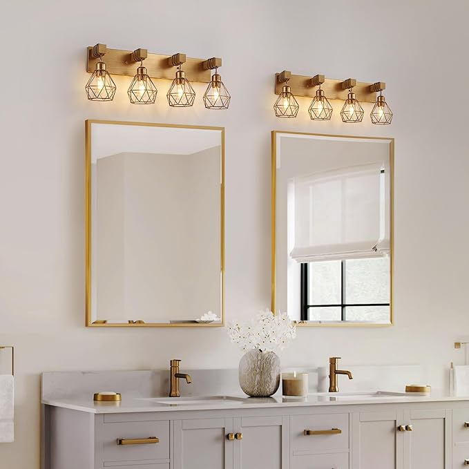 maesta Bathroom Gold Vanity Light Fixtures, 4-Light Gold Bathroom Light Fixtures Over Mirror, Sconces Wall Lighting with Elegant Metal Lampshade for Living Room, Bedroom, Hallway