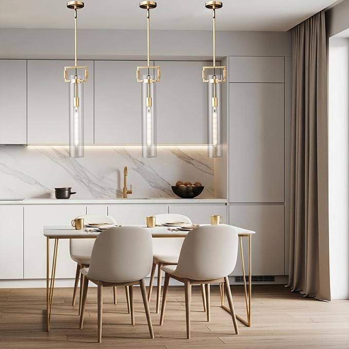 Brass Pendant Light Glass for Kitchen Island 1Pack , Gold Pendant Lights, Adjustable Hanging Chandelier with Glass Shade Modern Pendant Light Fixture for Farmhouse, Dining Room E26 Bulb Included