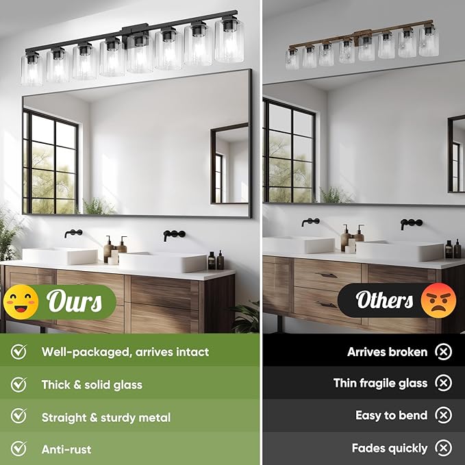BesLowe 51" 8-Light Bathroom Light Fixture, Modern Black Vanity Light, Bathroom Lighting Fixtures Over Mirror, Matte Black Bathroom Wall Lamp, Wall Lights for Living Room Bedroom Hallway