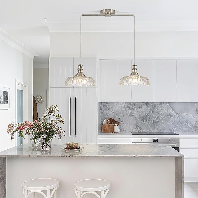 HDDFL Vintage Pendant Lighting Fixtures Modern Glass Hanging Lamp with Adjustable Cord for Kitchen Island Dining Room Hallway 2 Light Brushed Nickel and Clear
