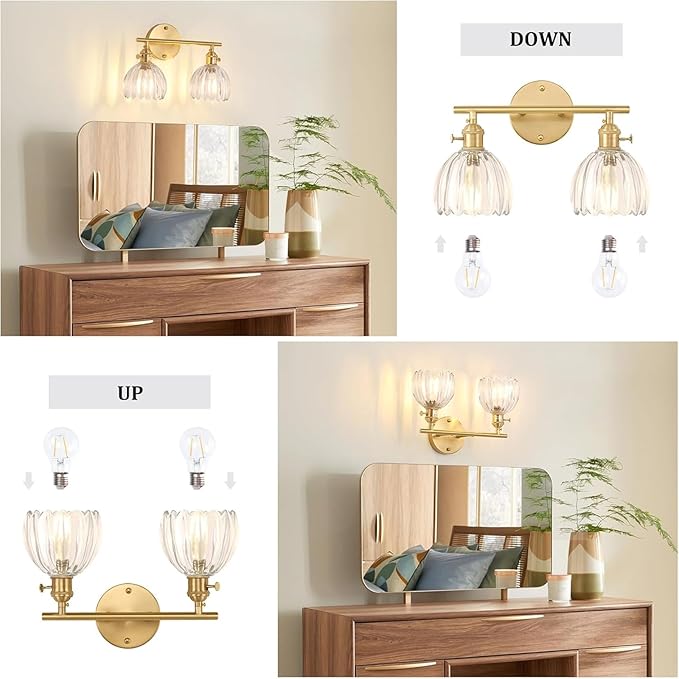 Shenmoyl Bathroom Light Fixtures, 2-Light Brass Vanity wall Light Over Mirror with Clear Tulip Glass Shade for Bedroom Living Room (Bulb Not Included)