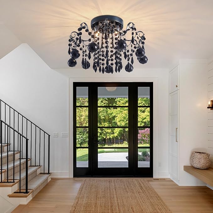 Rain Drop Crystal Small Crystal Chandelier Ceiling Light 3-Light Fixture Modern Chrome Iron Material Suitable for Bedrooms, Hallways, Walk-in Closets, Entryways, Stairwells (Black)