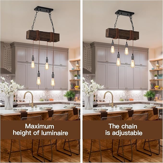 KEESFU 4-Lights Farmhouse Pendant Lights Kitchen Island, Rustic Wooden Ceiling Hanging Light, Height Adjustable, Dining Room Chandelier for Kitchen Island Dining Room Bar Pool Table Cabin.