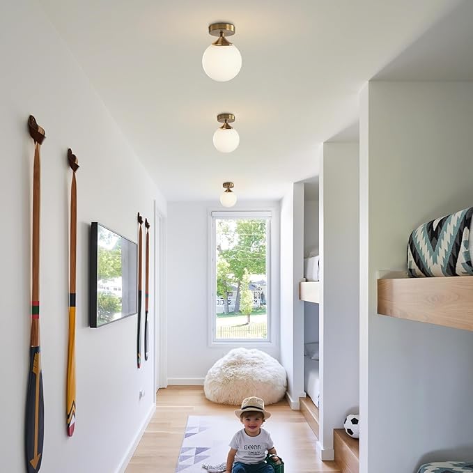 KCO Lighting Small Milk Glass Globe Semi Flush Mount Ceiling Light Mid Century Modern Gold Ceiling Light Fixtures Brass Hallway Light for Hallway Entryway Bedroom