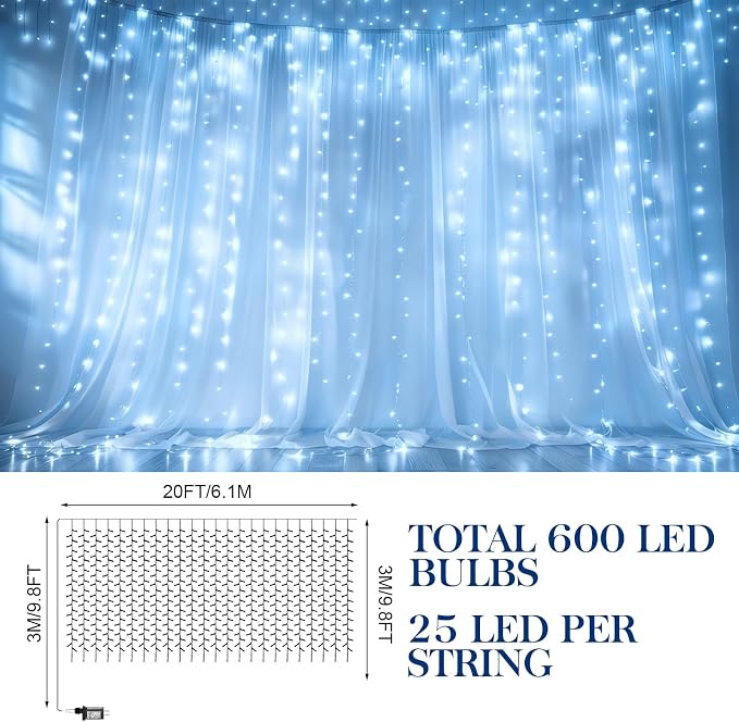 Aurelema 600 LED 20 x 9.8 Ft Christmas Curtain Lights 8 Modes Outdoor Fairy Lights with Remote Plug in Hanging String Fairy Light Waterproof for Bedroom Wall Window Backdrop Wedding Christmas Decor \