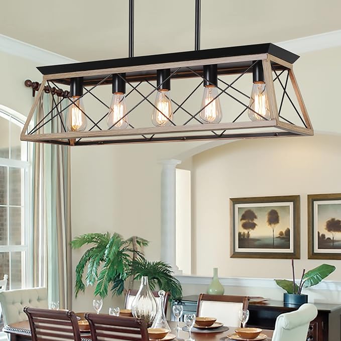 Farmhouse Chandeliers for Dining Room, Rustic Kitchen Island Light Fixture, 5-Light Linear Pendant Lighting Rectangular Chandelier, Metal Solid Ceiling Lights