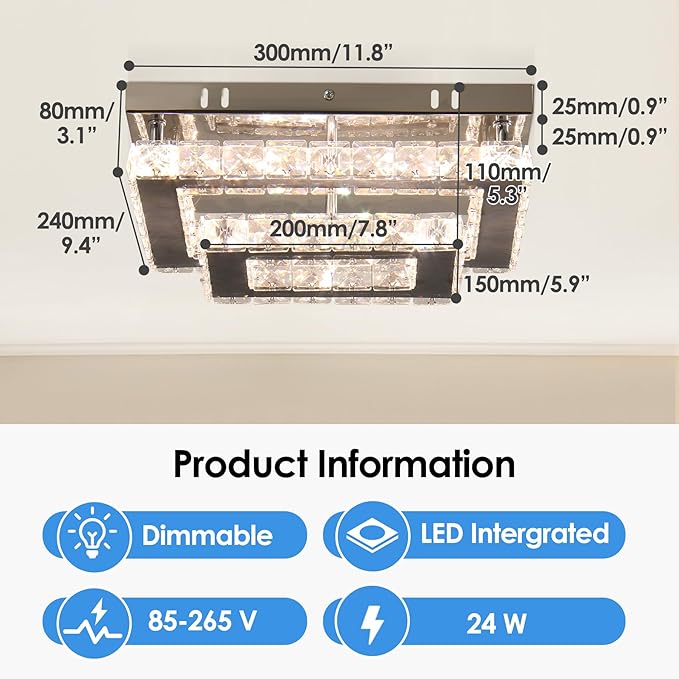 Dimmable Crystal LED Flush Mount Ceiling Light, 11.8"×9.1" Rectangular Close to Ceiling Chandelier, 24W K9 Crystal & Stainless Steel, Remote & App Control, 2700–6500K CCT for Bedroom Living Room
