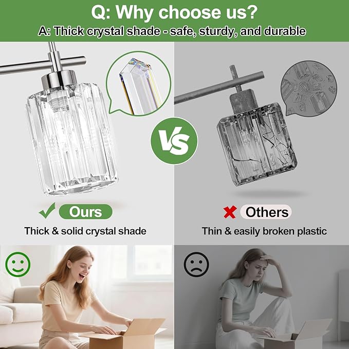 Modern Crystal Bathroom Vanity Light, 3-Light Chrome Vanity Light with Clear K9 Crystal Shades, Bathroom Light Fixtures Over Mirror (Bulbs Not Included)