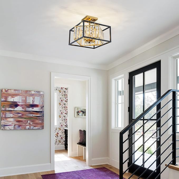 LumFurn 4-Light K9 Crystal Ceiling Light, 2-Tier Square Semi-Flushmount Light Fixture for Living Room, Foyer, Bedroom, L12 x W12 x H7inch, Clear Crystal & Black & Gold Finish