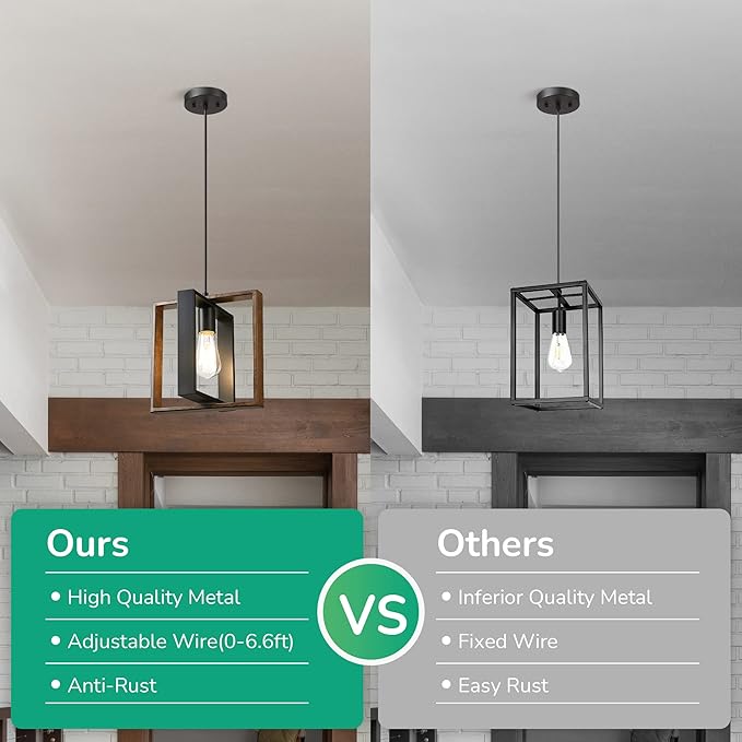 EDISHINE Farmhouse Pendant Light Fixture, Rustic Hanging Light Fixture with Wood Grain and Black Finish, Pendant Lighting for Kitchen Island, Dining Room, Hallway, Adjustable Cord