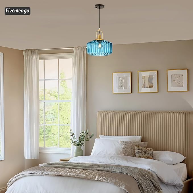 11.8in Mid Century Modern Blue Glass Pendant Light Fixture, Large Gold Kitchen Island Pendants Light Glass Ceiling Hanging Lamp for Foyer Dining Room Bedroom Entryway Hallway Over Sink