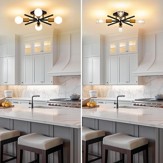 4 Light Sputnik Light Fixture Black Gold Flush Mount Lights Industrial Ceiling Light 2 Pack 19" Modern Farmhouse Ceiling Lights for Kitchen Bedroom Bathroom Foyer Hallway(E26)