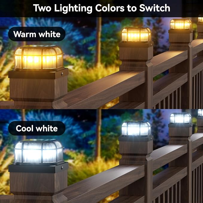 Solar Post Light 8 Packs with 4x4, 5x5 and 6x6 Inches Base for Vinyl/Wooden Posts, Bright 16 LEDs Solar Cap Lights with Two Light Modes for Decorating Deck, Patio, Porch, Fence (Black)