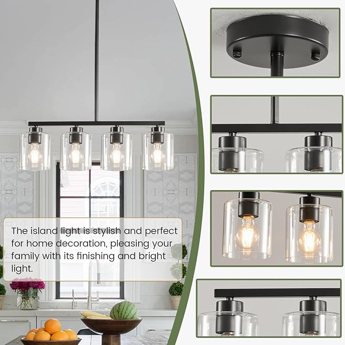 4-Light Kitchen Island Lighting, Black Pendant Light Fixture, Farmhouse Dining Room Light Fixtures Over Table, Modern Hanging Light Fixtures with Clear Glass, E26 Base, Bulbs Not Included