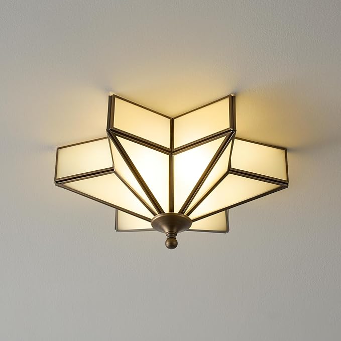Star Brass Glass Ceiling Light - Small 12 Inch Bronze Black Flush Mount Fixture - Unique Art Deco Vintage Modern Milk Lighting Lights for Bedroom Dining Entry Hall Hallway Outdoor Porch