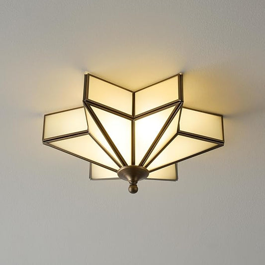 Star Brass Glass Ceiling Light - Small 12 Inch Bronze Black Flush Mount Fixture - Unique Art Deco Vintage Modern Milk Lighting Lights for Bedroom Dining Entry Hall Hallway Outdoor Porch
