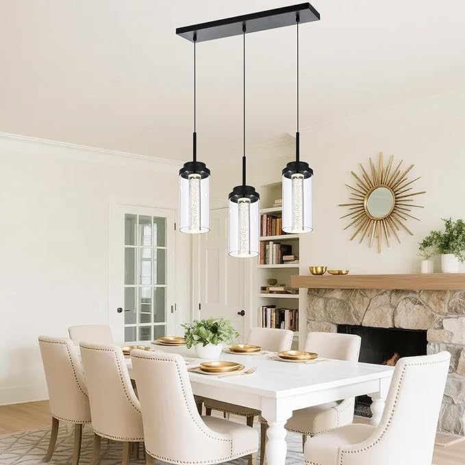 MELUCEE Dimmable LED Pendant Light 3-Light Linear Dining Room Light Fixture Over Table Black Chandelier, 3000K-6000K Adjustable Color Temperature Island Lights with Clear Glass Shade