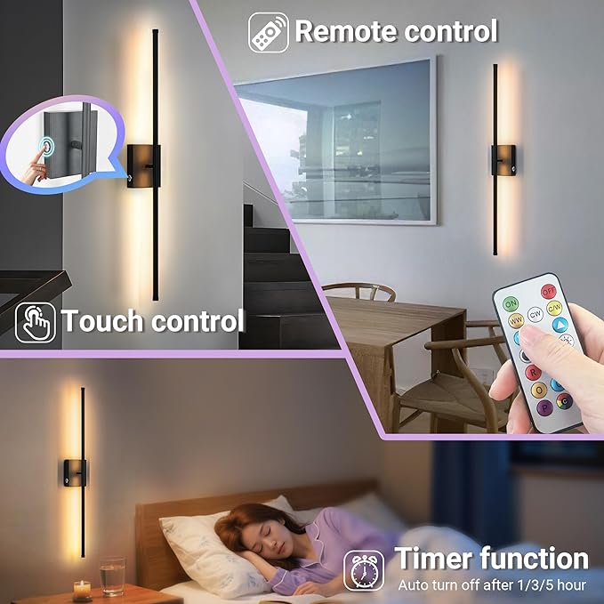 31.5 inch Battery Operated Wall Sconce Set Of 2, 10000mAh Rechargeable Wall Light With Remote Control, RGB Dimmable Wireless Sconces Wall Decor For Bedroom Living room Hallway, 360°Rotate, Black