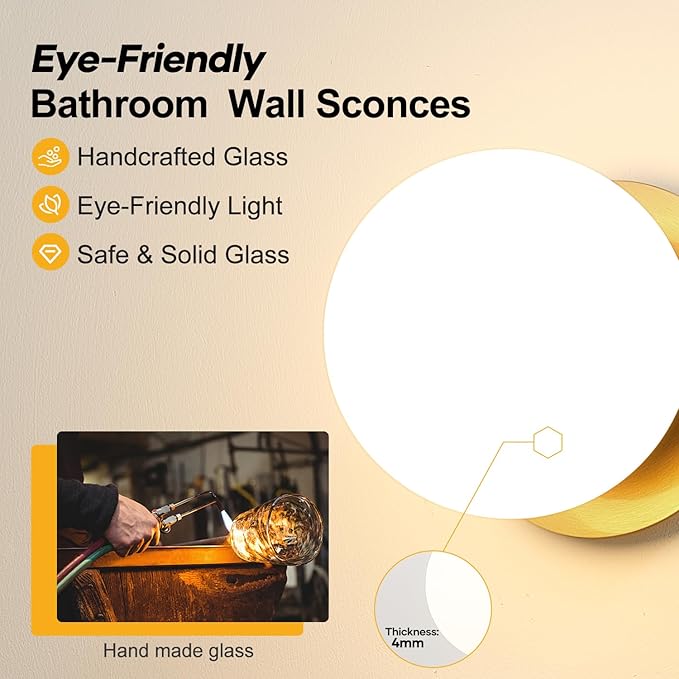 1 Pack Gold Wall Sconce, Modern Bathroom Sconce with Milky Globe Glass, Wall Light for Bathroom Mirror, Living Room, Hallway (Bulb Not Included)