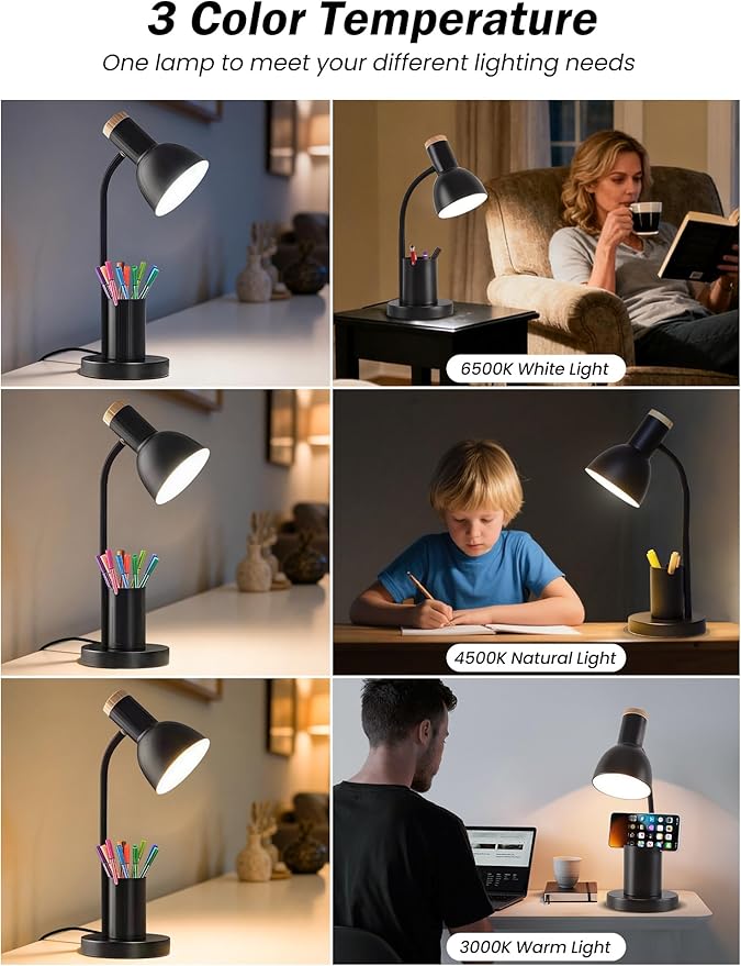 LED Desk Lamp for Home Office, Table Lamp with Pen Holder, 3 Color Modes Reading Light, Eye-Caring Desk Light with Gooseneck, Metal Study Lamp for Dorm Bedside Bedroom (Black Lamp)