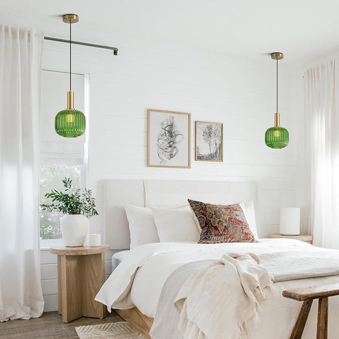 BOKT Mid Century Green Glass Pendant Lights 2-Light Mini Globe Ceiling Pendant Light Ribbed Glass Pendant Light Gold Finish Hanging Light Fixture for Kitchen Island Foyer