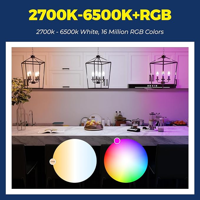 Lightinginside E12 Smart Light Bulbs 60W Equiv., 500LM 6W RGBCW Candelabra Chandelier Candle Bulb Works with Alexa/Google Home/Smart Life, 2.4G WiFi Bluetooth Bulbs, No Hub Required, ETL Listed, 3PCS