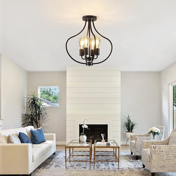 4-Light Farmhouse Semi Flush Mount Ceiling Light,Modern Rustic Metal Industrial Ceiling Light Fixture,Black Chandelier for Kitchen Island Dining Room Bedroom Living Room Foyer Hallway Entryway