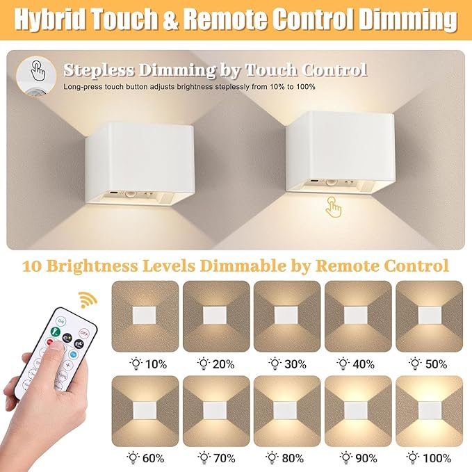 Yochoice Motion Sensor Wall Light with Remote Control, 6000mAh White Wireless Touch Control Rechargeable Wall Lamps with 3 Color Temperatures, LED Up Down Battery Operated Wall Lights Indoor, 4-Pack