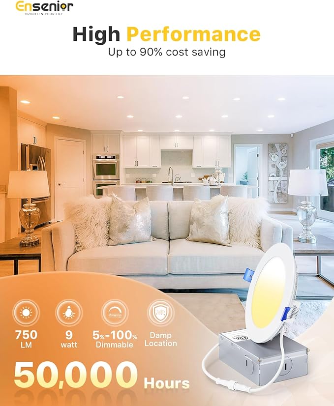 Ensenior 24 Pack 4 Inch LED Recessed Light, Dimmable, 5000K Daylight, 750LM High Brightness, 9W 120V, Damp Rated, Ultra-Thin Canless Wafer Ceiling Light - ETL & FCC & IC
