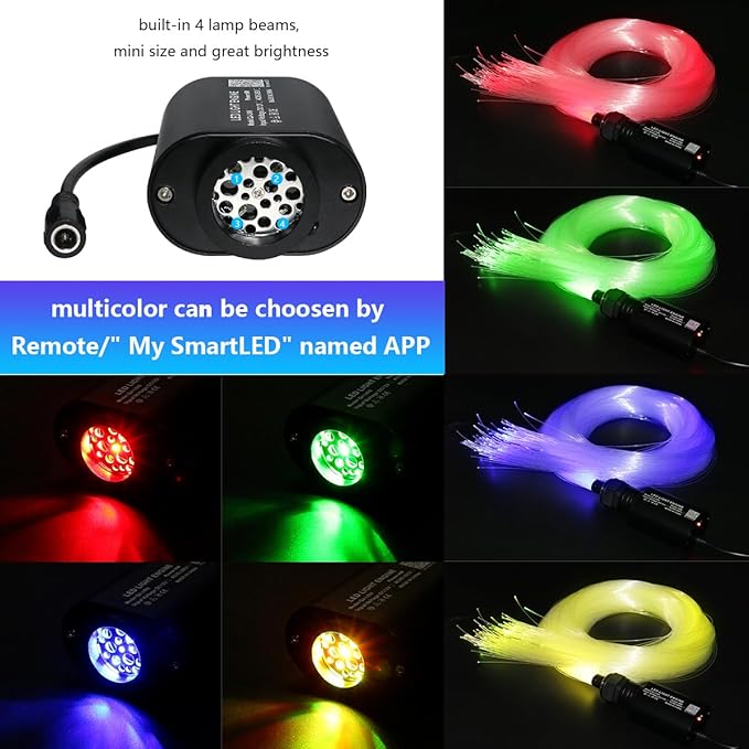 AMKI Mini 6W Starlight Headliner Kit 600pcs 0.03in 13.1ft,Twinkle+Sound Activated Fiber Optic Light 4Lamp Beam Starlight Box APP/Remote Control for Car Home Star Ceiling Decoration