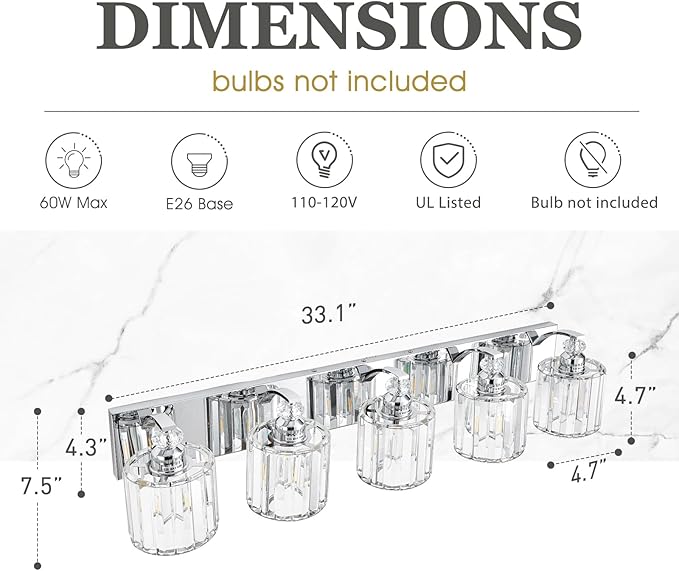 5-Light Modern Bathroom Light Fixture Chrome Vanity Lights Over Mirror Wall Sconce Lighting with K9 Crystal Shades Bathroom Wall Lamp E26 Base for Bedroom, Living Room, Hallway