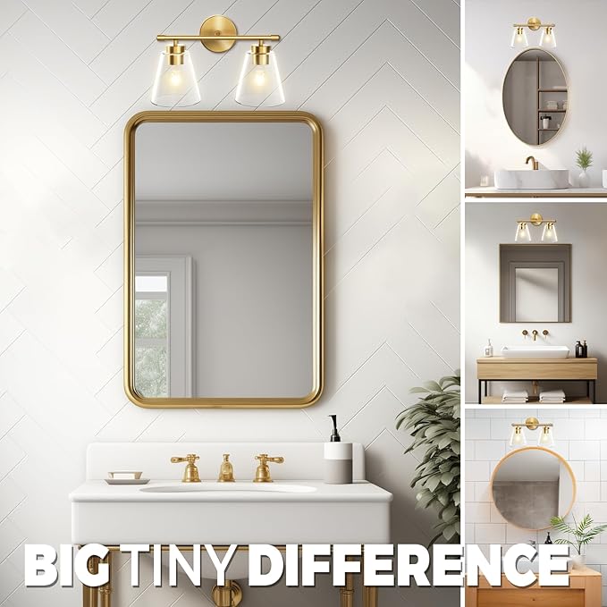 Hamilyeah Bathroom Vanity Light Fixtures Over Mirror, 2 Light Wall Light Fixture with Clear Glass Shade, Gold Sconces Wall Lighting for Bathroom, Kitchen, Living Room