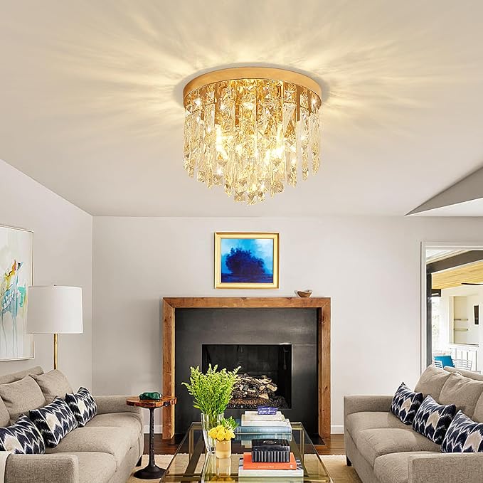 YMP&YZX Small Crystal Chandelier for Low Ceiling,11.8" French Gold Modern Crystal Chandelier with E12 Base Lights for Bedroom Living Dining Room Hallway Closet Light Fixture Flush Mount 3 Light