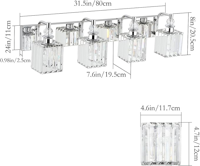 Ralbay Modern Crystal Vanity Light for Bathroom 4 Light 31.5''Chrome Bathroom Wall Lighting Fixtures Over Mirror