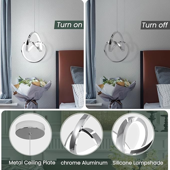 Modern LED Pendant Light Fixtures 4000K Pendant Lights Kitchen Island Lighting Adjustable Height Chrome Hanging Lamp for Dining Room Bedroom Living Room,2 Packs
