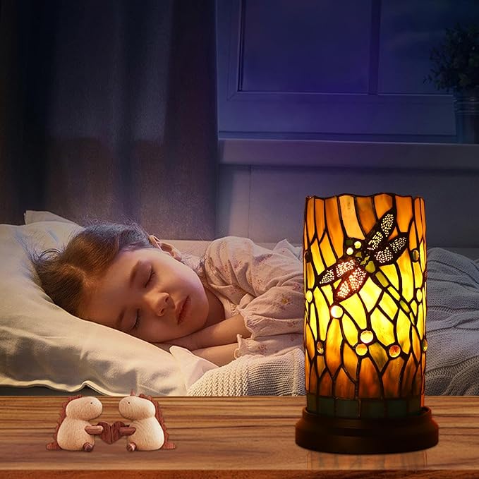 Tiffany Style Table Lamp for Bedroom Baroque Stained Glass Nightstand Bedside Night Lamp Party Light Hand-Made Art Home Deco Christmas Gifts W/ 2 LED Bulbs (3 Color Temperatures+Flame Bulb)