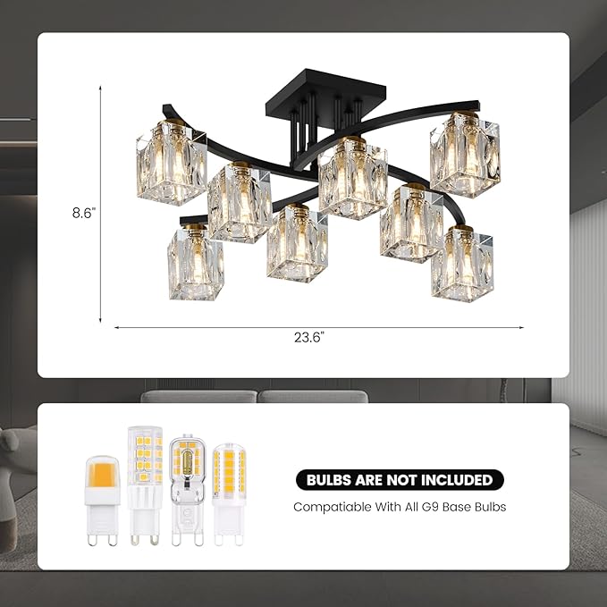Crystal Semi Flush Mount Ceiling Light with 8-Lights Black Sputnik Ceiling Light Fixture Modern Chandeliers for Dining Room Living Room Kitchen Island Bedroom Hallway