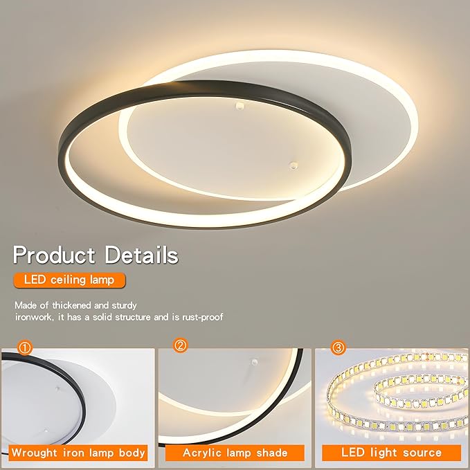 Modern LED Ceiling Light Fixture Black Semi Flush Mount Light with Remote Control 19.69" Hallway Light Fixtures Ceilings Mount Dimmable Ceiling Lamp for Bedroom,Kitchen,Entryway
