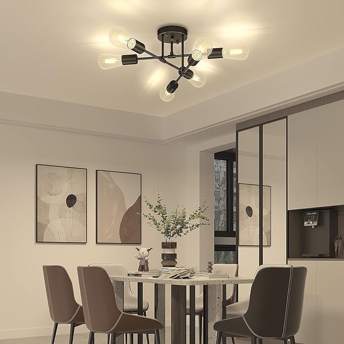 Asnxcju Modern Semi Flush Mount Ceiling Light, 6-Lights Black Sputnik Chandelier for Bedroom Lighting, Industrial Kitchen Light Fixture Ceiling Mount for Dining Room Hallway Living Room, UL Listed